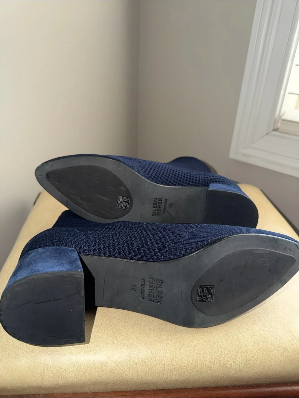 Eileen Fisher Navy Knit Sock Ankle Boots Size 10 Block Heel Pointed Toe Stretch